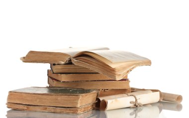 Pile of old books and scroll isolated on white clipart