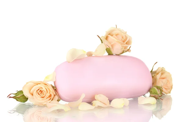 Soap with roses on white background — Stock Photo, Image