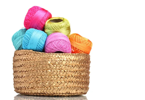 Bright threads for knitting in the basket isolated on white — Stock Photo, Image