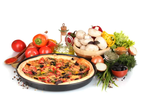 Delicious pizza on plate, vegetables and spices isolated on white — Stock Photo, Image