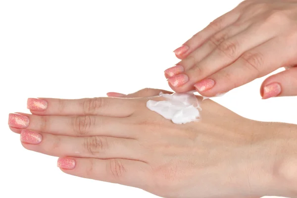 Mani con crema isolata su bianco — Foto Stock