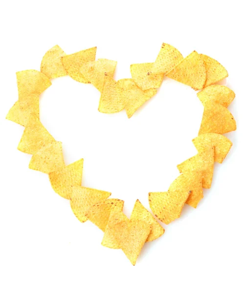 Elszigetelt fehér finom burgonya chips-szív alakú — Stock Fotó