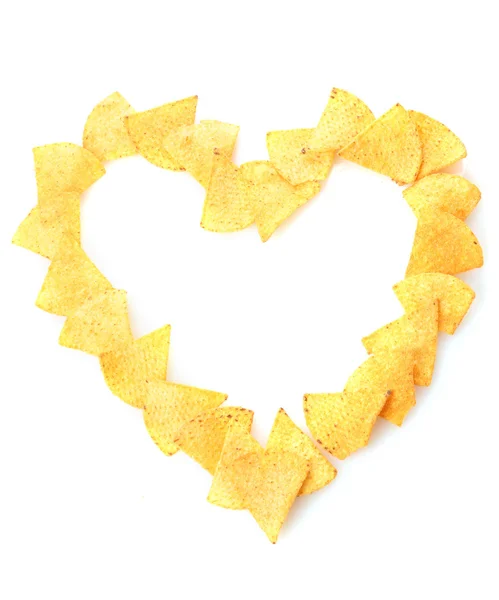 stock image Delicious potato chips heart shape isolated on white