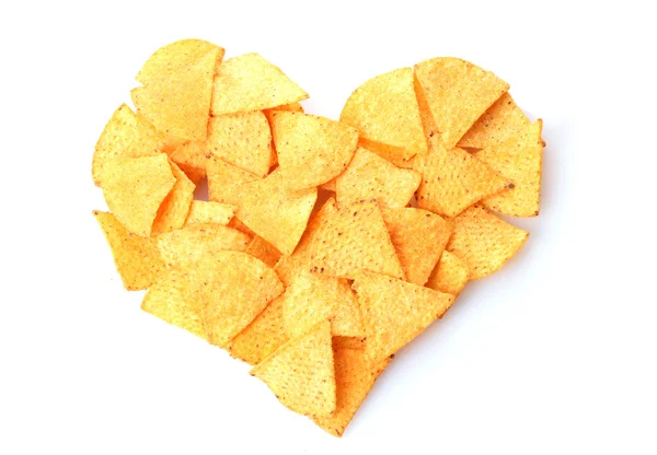 Deliciosas papas fritas en forma de corazón aisladas en blanco —  Fotos de Stock