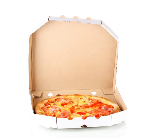 Aromatic pizza in box isolated on white — Stock Photo, Image