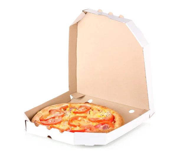 Aromatische pizza in vak geïsoleerd op wit — Stockfoto