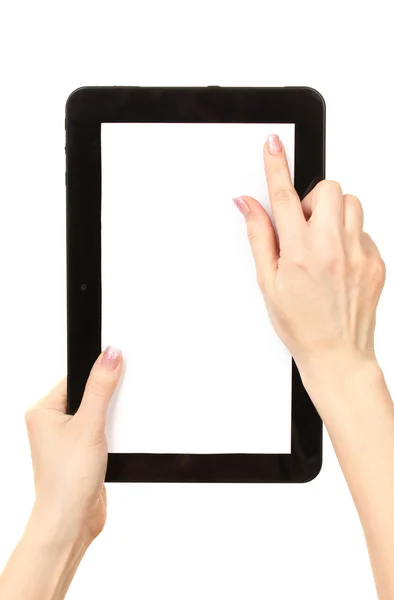 Жінка тримає планшет ізольовано на білому — стокове фото