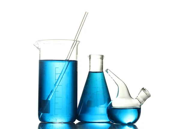 Тестові труби з синьою рідиною ізольовані на білому — стокове фото