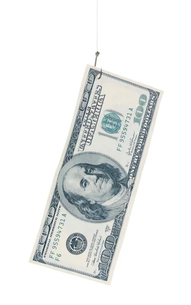 Money on fish hook isolated on white — Stock Photo, Image