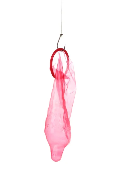 Condom on hook isolated on white — Stock Photo, Image
