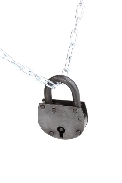 Retro padlock on chain isolated on white — Stock Photo, Image