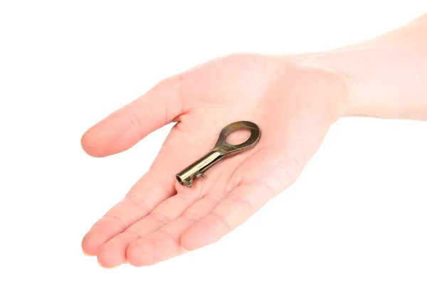 Κλειδί στο χέρι που απομονώνονται σε λευκό — Φωτογραφία Αρχείου