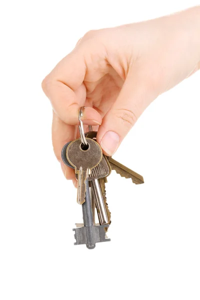 Bunch of keys in hand isolated on white — Stock Photo, Image