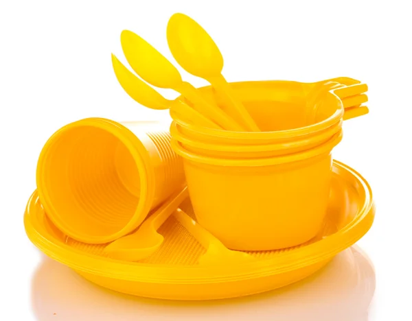 Zářivě žluté plastové nádobí izolovaných na bílém — Stock fotografie