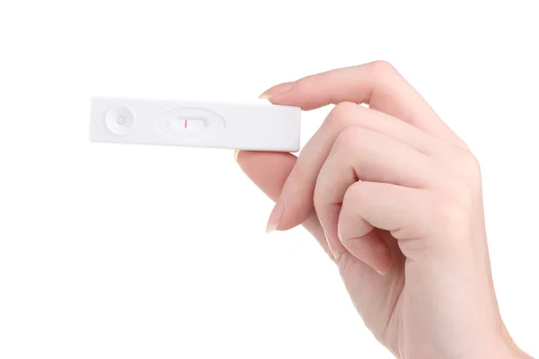 Prueba de embarazo en mano aislada en blanco — Foto de Stock