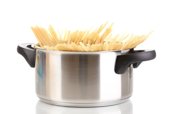 Spaghetti in pot isolated on white — Stock Photo, Image