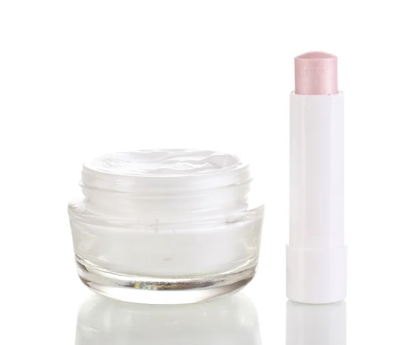 Hygienic lipstick and moisturizing cream isolated on white — Stock Photo, Image