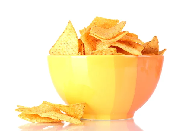 Tasty potato chips in yellow bowl isolated on white — Stock Photo, Image