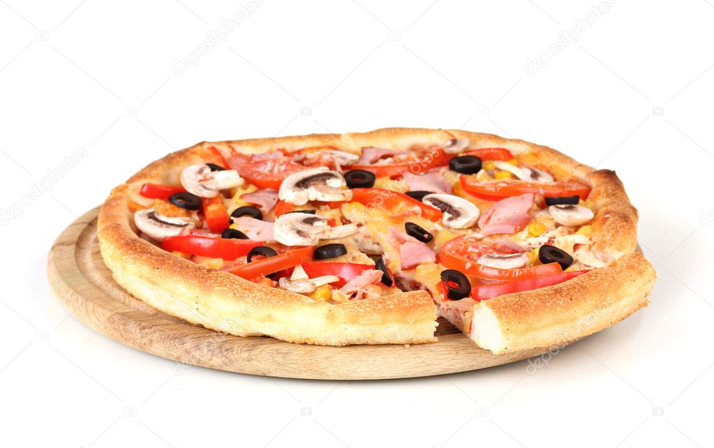 Sliced pizza close-up isolated on white