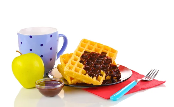 Tasty waffles with chocolate on plate isolated on white — Stock Photo, Image