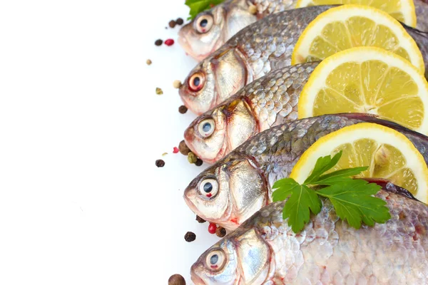 Citrom, petrezselyem és fűszer elszigetelt fehér friss halak — Stock Fotó
