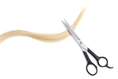 Shiny blond hair and hair cutting shears isolated on white clipart