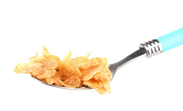Tasty cornflakes in spoon isolated on white — Stock Photo, Image