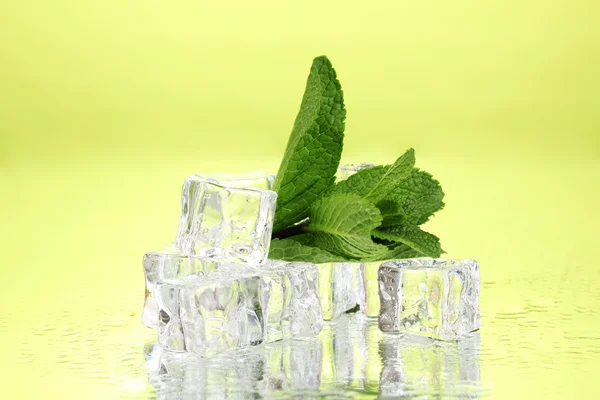 Hoja de menta fresca y cubitos de hielo con gotitas sobre fondo verde —  Fotos de Stock