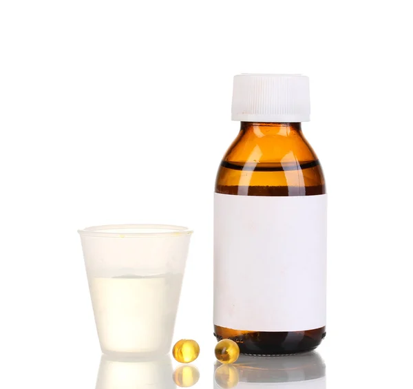ジガーと白で隔離される錠剤医学の瓶 — ストック写真