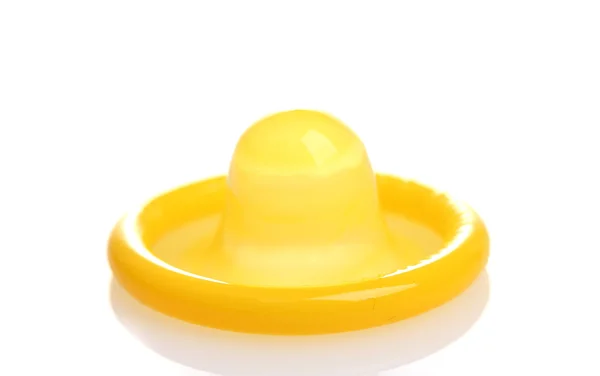 Yellow condom isolated on white — Stock Photo, Image