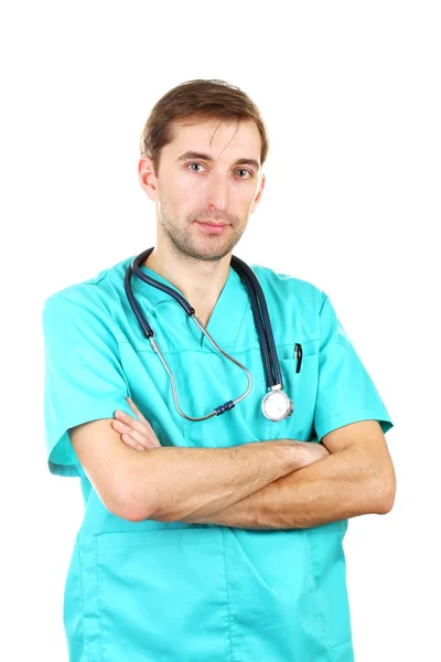 Jeune médecin homme avec stéthoscope isolé sur blanc — Photo