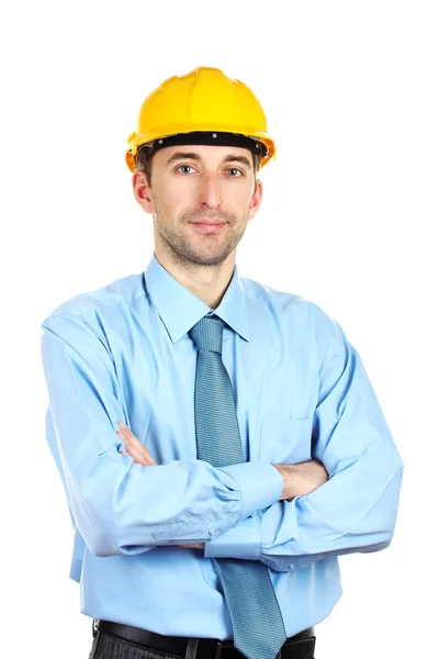 Arquiteto jovem com capacete isolado em branco — Fotografia de Stock
