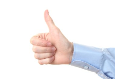 Man's hand with thumb up ok signal isolated on white clipart