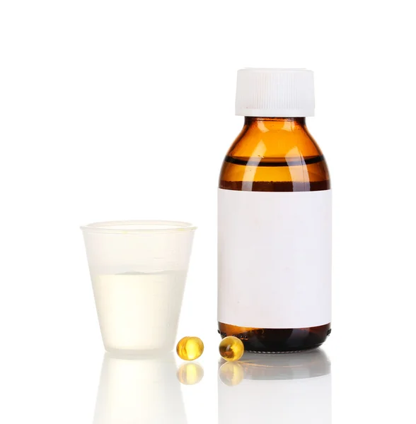 Медична пляшка з лобзиком і таблетками ізольовані на білому — стокове фото