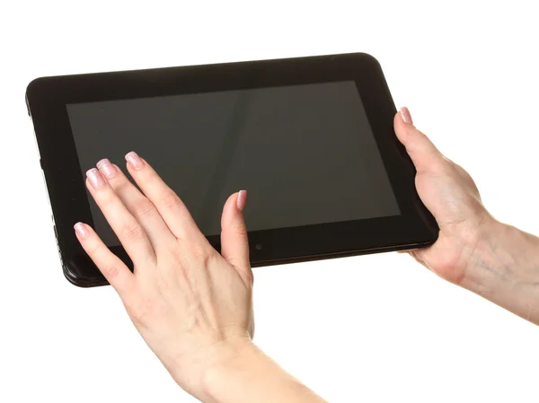 Kvinna händer som håller en tablett isolerad på vit — Stockfoto
