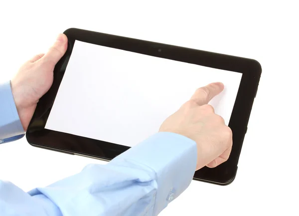 Erkek bir tablet üzerinde beyaz izole tutan eller — Stockfoto