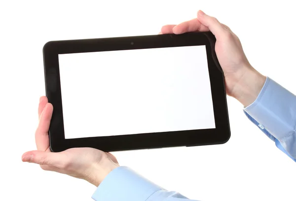 Erkek bir tablet üzerinde beyaz izole tutan eller — Stok fotoğraf