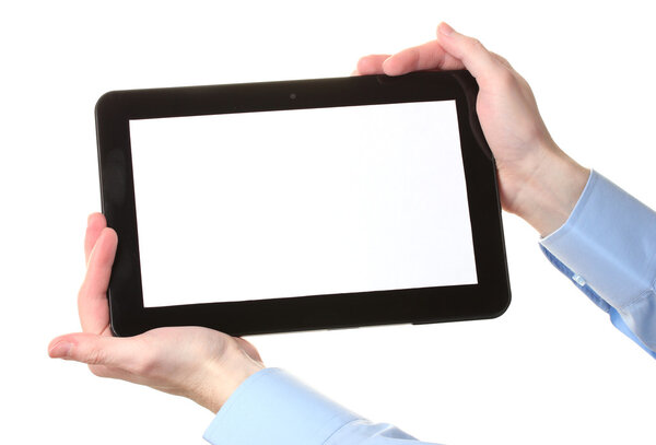 Male hands holding a tablet isolated on white