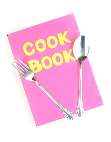 Libro di cucina rosa e utensili da cucina isolati su bianco — Foto Stock