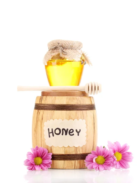 Dolce miele in botte e vaso con drizzler isolato su bianco — Foto Stock