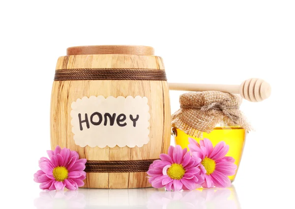 Zoete honing in vat en pot met drizzler geïsoleerd op wit — Stockfoto
