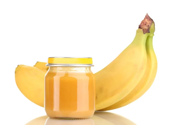 Jar baby puré och bananer isolerad på vit — Stockfoto