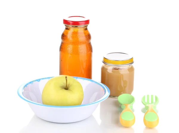 Jar of baby puree and juice with plate, spoon and fork isolated on white — Stock Photo, Image