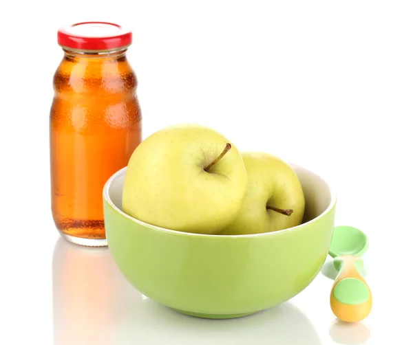 婴儿板和勺子与苹果和孤立在白色的汁 — 图库照片