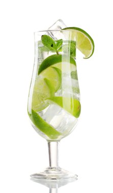 Glass of cocktail with lime and mint isolated on white clipart