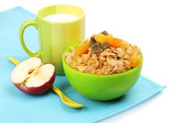 Tasty cornflakes in green bowl, apple and glass of milk isolated on white clipart