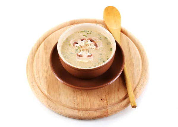 Ahşap yuvarlak kurulu üzerinde beyaz izole lezzetli çorba — Stok fotoğraf