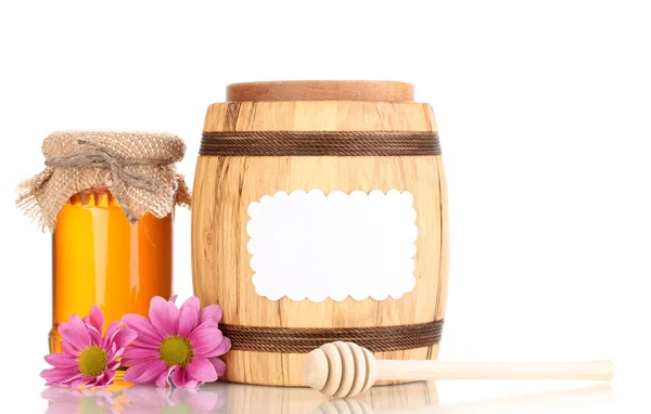 Sweet honey in jar and barrel with drizzler isolated on white — Stock Photo, Image
