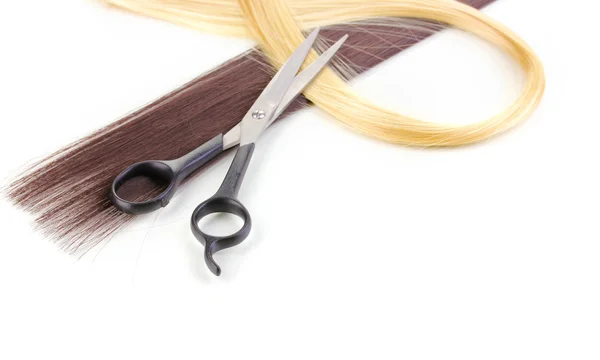 stock image Shiny blond and brown hair with hair cutting shears isolated on white