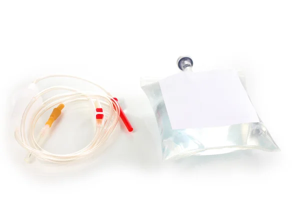 Bag of intravenous antibiotics and plastic infusion set isolated on white — Stock Photo, Image
